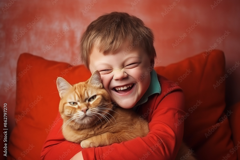 little boy with special needs hugs an orange cat and laughs, natural expressions and friendly interaction between the boy and cat, Down syndrome little boy with special needs hugs an orange cat and laughs, natural expressions and friendly interaction between the boy and cat, Down syndrome