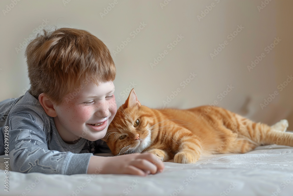 little boy with special needs hugs an orange cat and laughs, natural expressions and friendly interaction between the boy and cat, Down syndrome little boy with special needs hugs an orange cat and laughs, natural expressions and friendly interaction between the boy and cat, Down syndrome