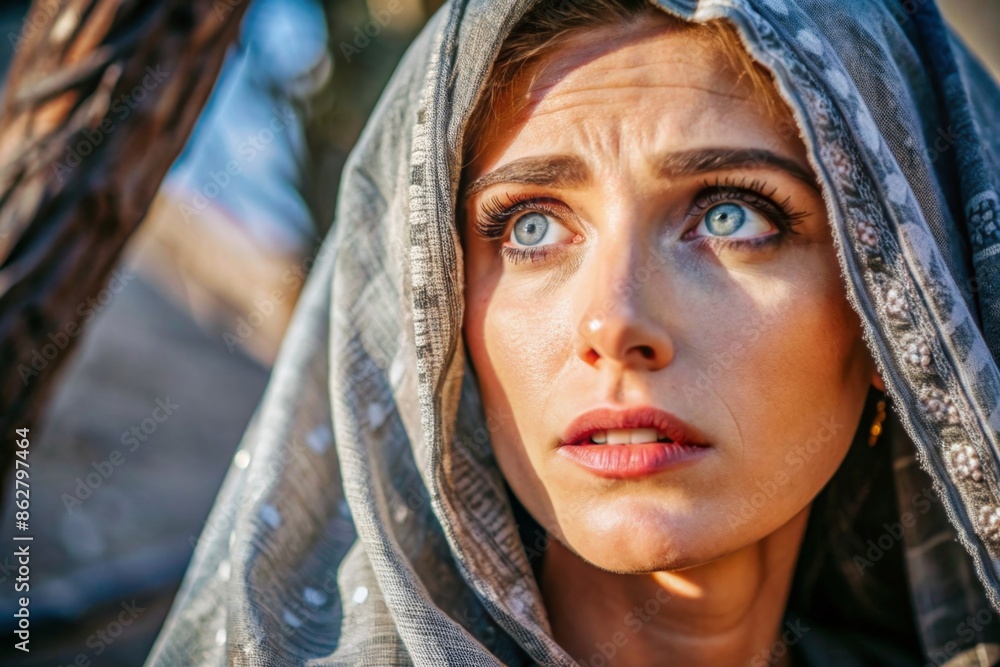 Biblical character, close up portrait of Biblical woman in scarf on the head looking up Biblical character, close up portrait of Biblical woman in scarf on the head looking up