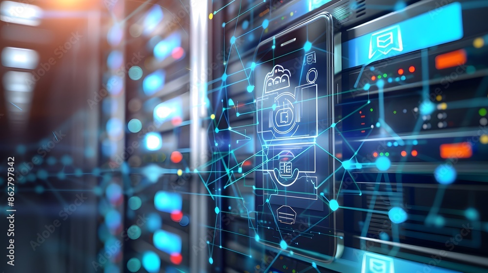 Smartphone with holographic interfaces connected to data servers in a futuristic technology setting. Smartphone with holographic interfaces connected to data servers in a futuristic technology setting.