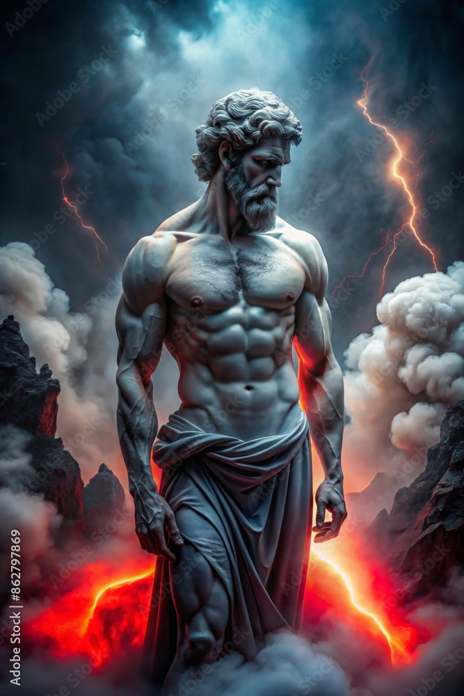 A greek mythology muscular god standing on the top of the mountain A greek mythology muscular god standing on the top of the mountain