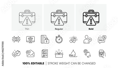 Discounts bubble, Report document and Waterproof line icons. Pack of Timer, Add user, Bitcoin system icon. Web shop, Love gift, Present box pictogram. Receive mail, Award app, Cursor. Vector