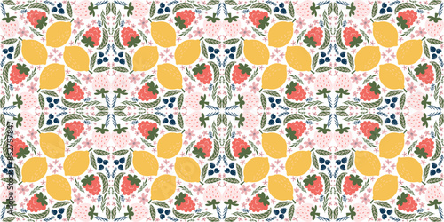 Whimsical seamless pattern featuring illustrations of raspberries, lemons, white strawberries, pink flowers, and green leaves, arranged in a diamond-shaped design. Modern, organic vector style with