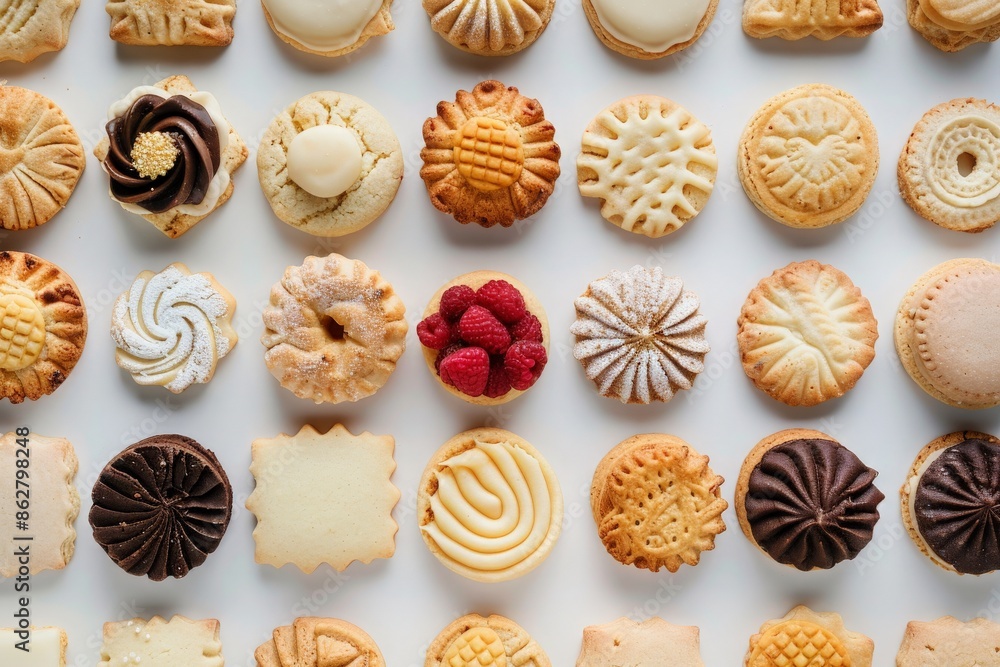Assorted flavored biscuits arranged in a neat pattern on a simple white table, with a light grey backdrop to focus on their colorful and varied textures Assorted flavored biscuits arranged in a neat pattern on a simple white table, with a light grey backdrop to focus on their colorful and varied textures