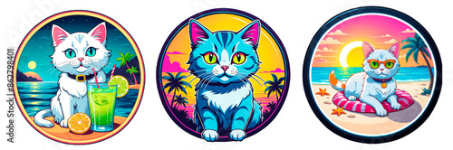 sticker multicolored cartoon cat, cat in a round frame on a transparent background