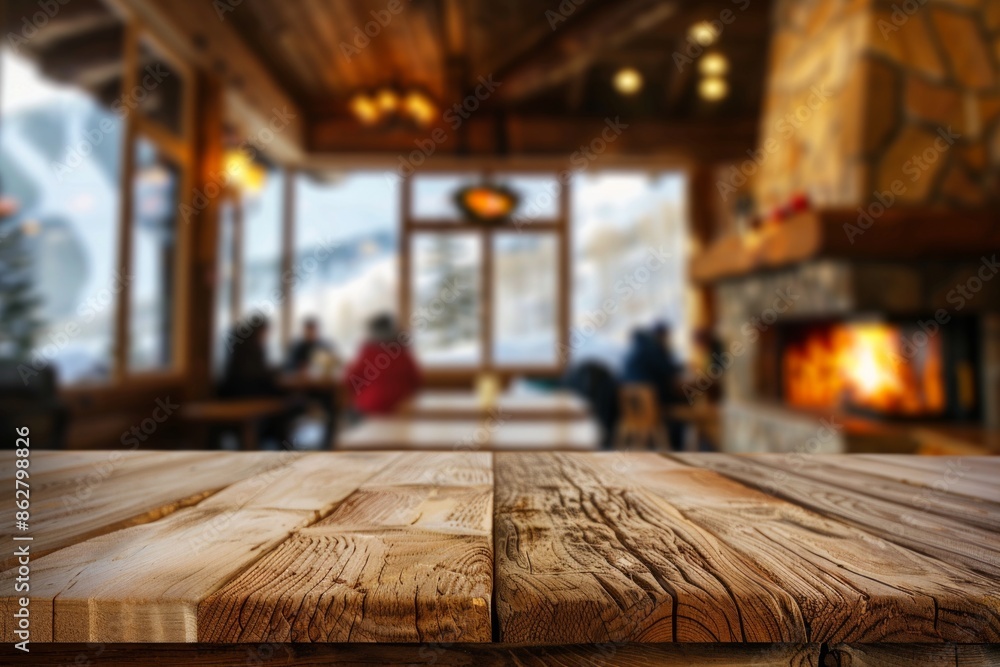 A wooden table in the foreground with a blurred background of a ski lodge. The background includes cozy seating by a fireplace, ski gear, windows with views of snowy slopes. A wooden table in the foreground with a blurred background of a ski lodge. The background includes cozy seating by a fireplace, ski gear, windows with views of snowy slopes.