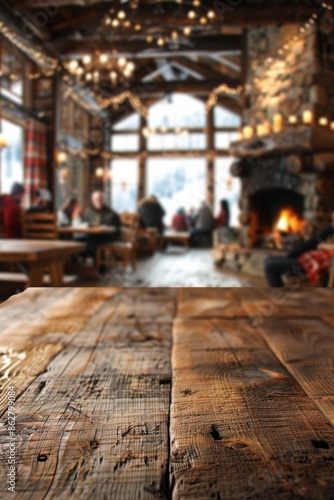 A wooden table in the foreground with a blurred background of a ski lodge. The background includes cozy seating by a fireplace, ski gear, windows with views of snowy slopes.