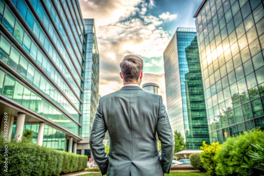 Back of businessman in suit with business office glass buildings on background Back of businessman in suit with business office glass buildings on background