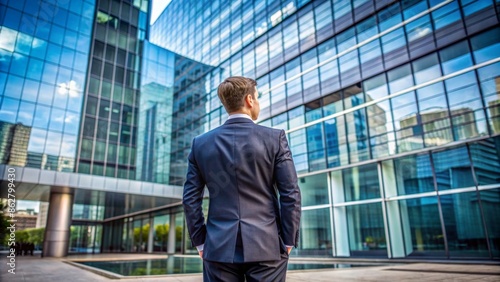 Wallpaper Mural Back of businessman in suit with business office glass buildings on background Torontodigital.ca