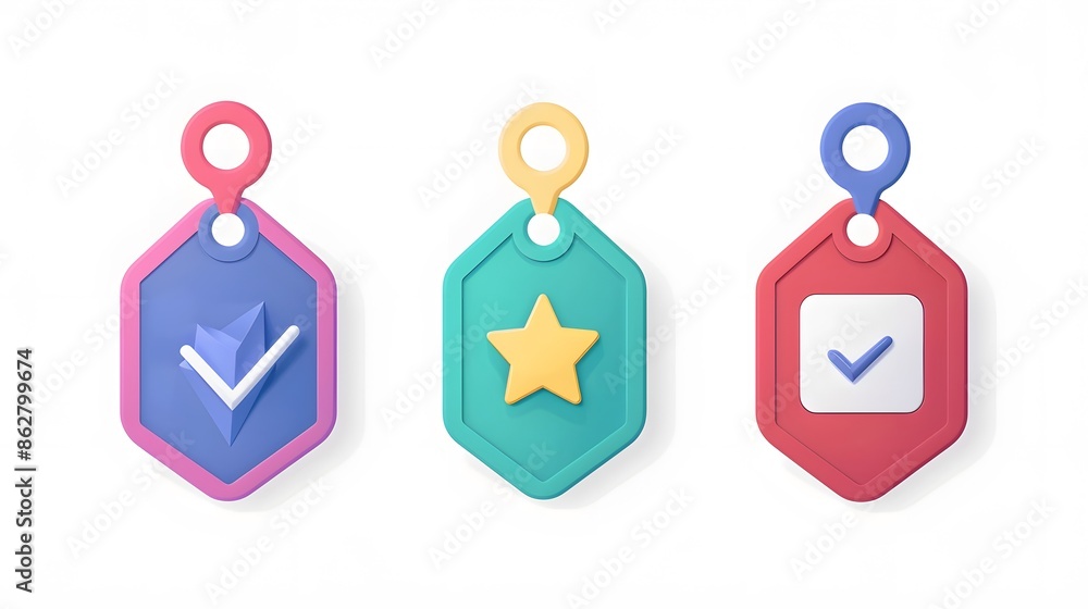 Label set with percent, check mark and discount. App icon. 3D Web Vector Illustrations. White background Label set with percent, check mark and discount. App icon. 3D Web Vector Illustrations. White background