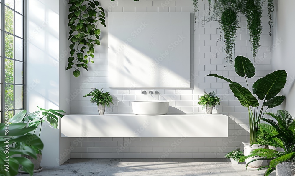 Bright bathroom with an empty canvas above the sink