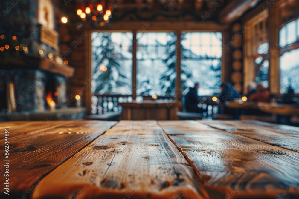 A wooden table in the foreground with a blurred background of a ski lodge. The background includes cozy seating by a fireplace, ski gear, windows with views of snowy slopes. A wooden table in the foreground with a blurred background of a ski lodge. The background includes cozy seating by a fireplace, ski gear, windows with views of snowy slopes.
