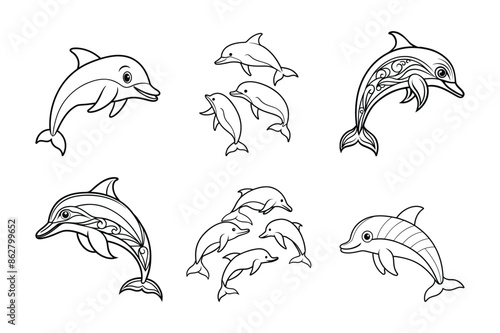 Cute Silhouette Vector Bundle of Six Marine Marvels I Charming vector illustration featuring a bundle of six adorable dolphin silhouettes.