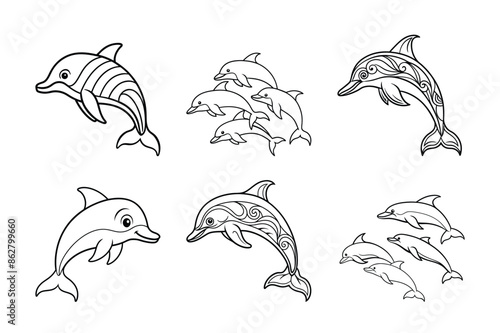 Cute Silhouette Vector Bundle of Six Marine Marvels I Charming vector illustration featuring a bundle of six adorable dolphin silhouettes.