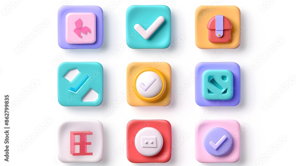 Label set with percent, check mark and discount. App icon. 3D Web Vector Illustrations. White background Label set with percent, check mark and discount. App icon. 3D Web Vector Illustrations. White background