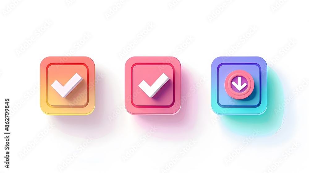 Label set with percent, check mark and discount. App icon. 3D Web Vector Illustrations. White background Label set with percent, check mark and discount. App icon. 3D Web Vector Illustrations. White background