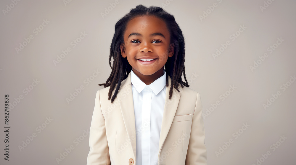 Portrait of a happy smiling African American boy with long hair and perfect skin, white background, banner. Portrait of a happy smiling African American boy with long hair and perfect skin, white background, banner.