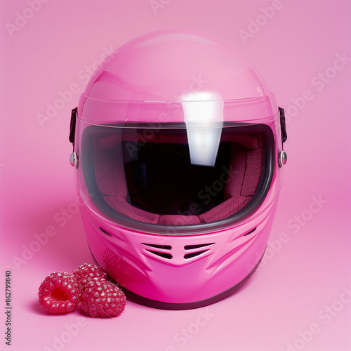 High-Speed Bobsleigh Helmet on Raspberry Backdrop with Space for Text - Peak Performance photo