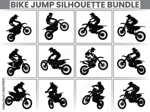 Bike riders in silhouette set are participating in a motocross championship, jumping and racing their motocross bikes man silhouette buldle