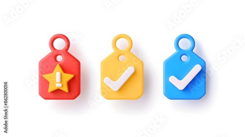 Label set with percent, check mark and discount. App icon. 3D Web Vector Illustrations. White background