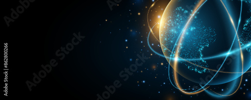 Planet Earth with digital glowing map of dots. Abstract rings in the orbit with stars on dark background. Global communication system. Vector illustration. EPS 10