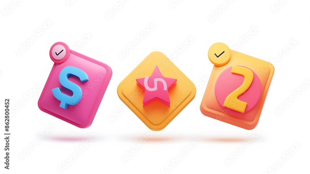 Label set with percent, check mark and discount. App icon. 3D Web Vector Illustrations. White background Label set with percent, check mark and discount. App icon. 3D Web Vector Illustrations. White background