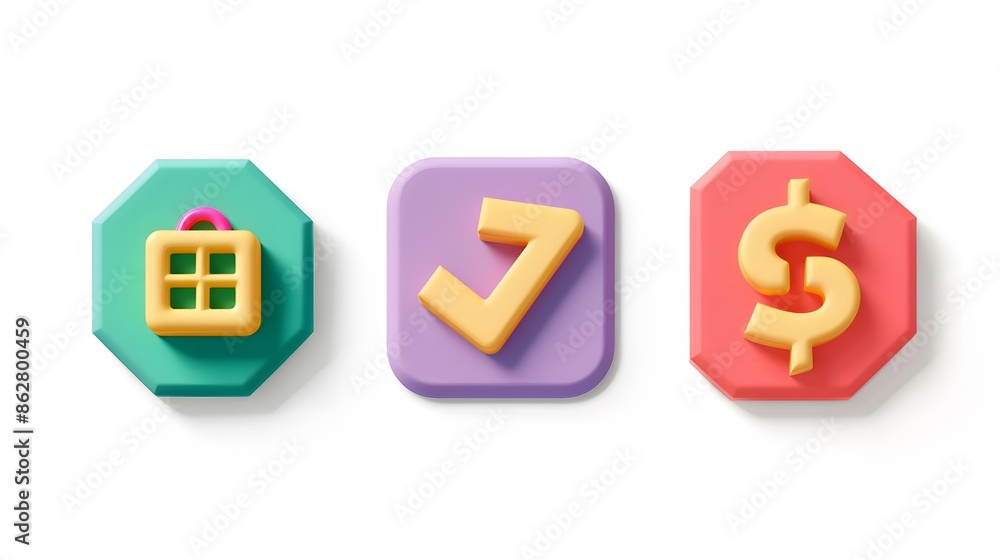 Label set with percent, check mark and discount. App icon. 3D Web Vector Illustrations. White background Label set with percent, check mark and discount. App icon. 3D Web Vector Illustrations. White background