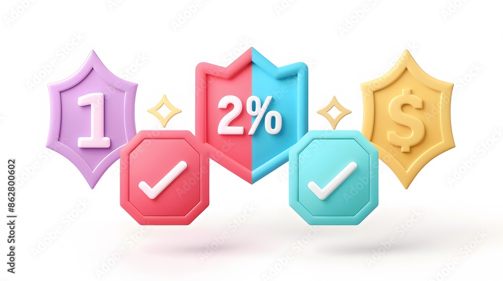 Label set with percent, check mark and discount. App icon. 3D Web Vector Illustrations. White background Label set with percent, check mark and discount. App icon. 3D Web Vector Illustrations. White background