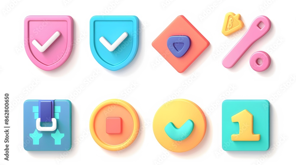 Label set with percent, check mark and discount. App icon. 3D Web Vector Illustrations. White background Label set with percent, check mark and discount. App icon. 3D Web Vector Illustrations. White background