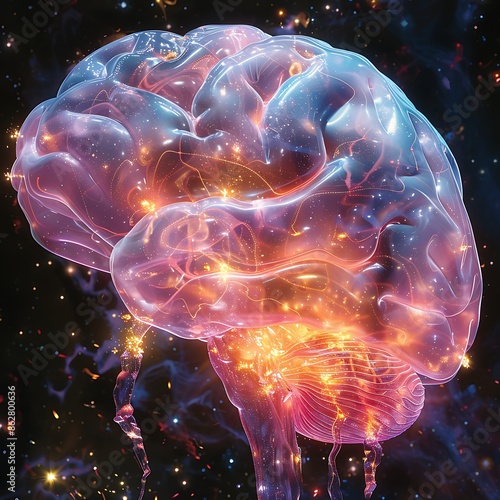 Brain translucent crystalline structure sparkling multifaceted surfaces Neurons synapses highlighted vibrant neon colors creating dazzling effect Place this brain against a dark galaxylike background photo