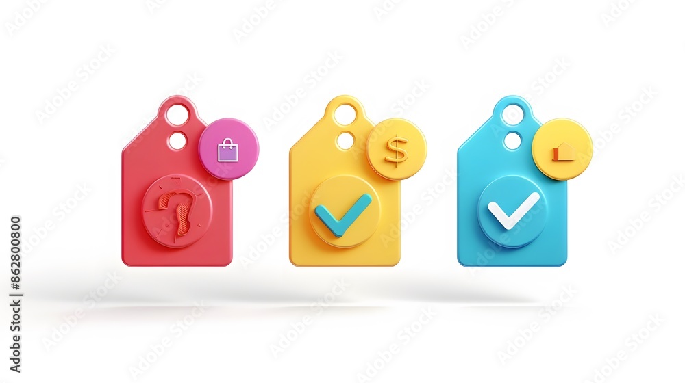 Label set with percent, check mark and discount. App icon. 3D Web Vector Illustrations. White background Label set with percent, check mark and discount. App icon. 3D Web Vector Illustrations. White background