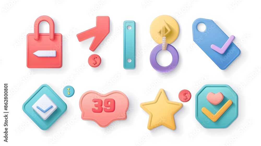Label set with percent, check mark and discount. App icon. 3D Web Vector Illustrations. White background Label set with percent, check mark and discount. App icon. 3D Web Vector Illustrations. White background