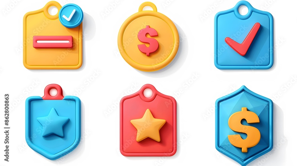 Label set with percent, check mark and discount. App icon. 3D Web Vector Illustrations. White background Label set with percent, check mark and discount. App icon. 3D Web Vector Illustrations. White background