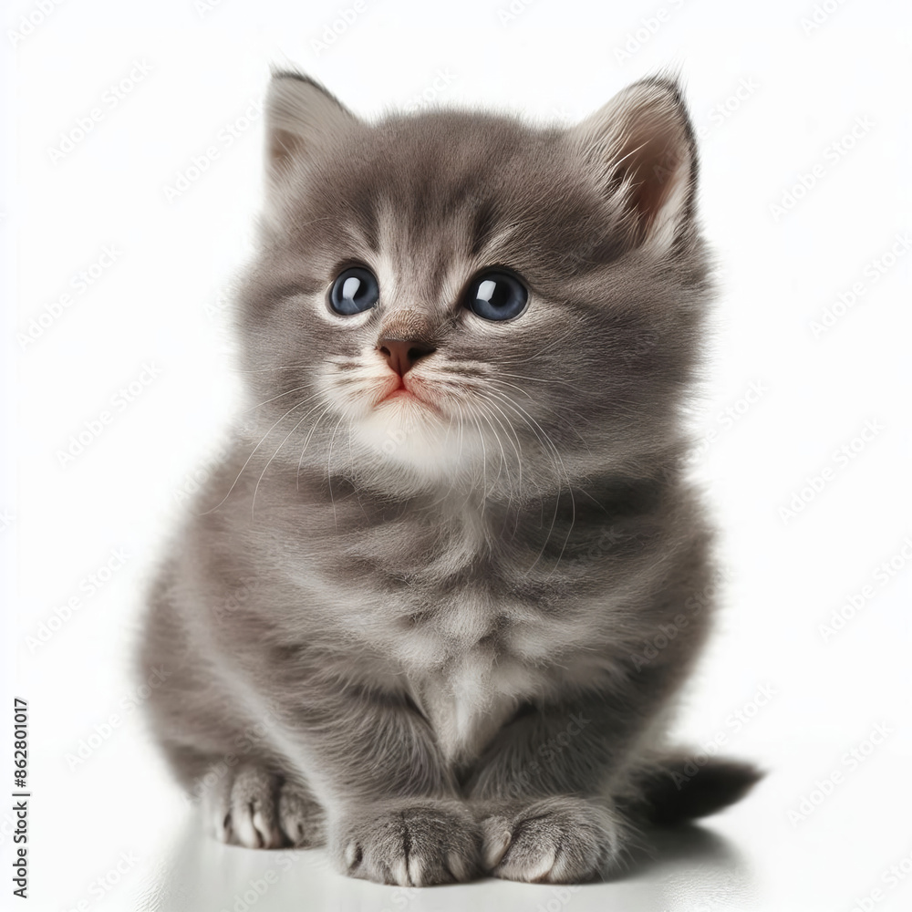 Fototapeta premium Gray cat lying on a white surface, close-up view, feline concept