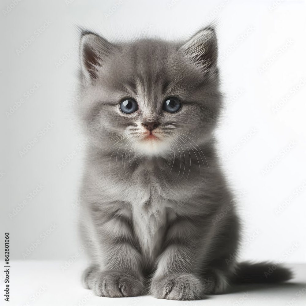 Gray cat lying on a white surface, close-up view, feline concept Gray cat lying on a white surface, close-up view, feline concept