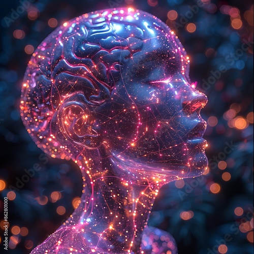 Brain translucent crystalline structure sparkling multifaceted surfaces Neurons synapses highlighted vibrant neon colors creating dazzling effect Place this brain against a dark galaxylike background photo