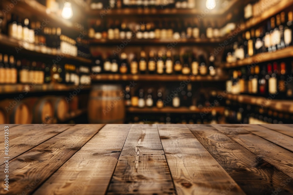 A wooden tasting table in the foreground with a blurred background of a wine cellar. The background includes rows of wine racks and barrels. A wooden tasting table in the foreground with a blurred background of a wine cellar. The background includes rows of wine racks and barrels.