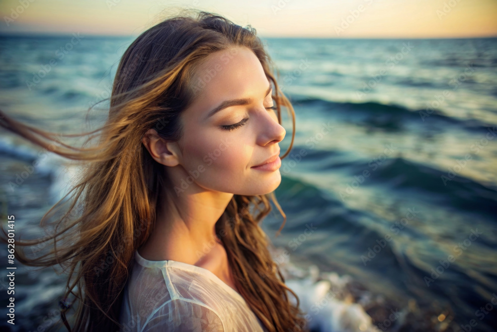 Meditating woman with closed eyes on the ocean shore
Meditating woman with closed eyes on the ocean shore