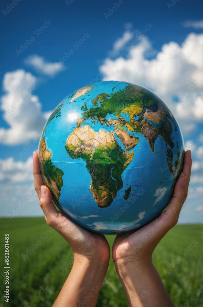 Hands holding globe in front of blue sky and green field symbolizing environmental conservation and responsibility Hands holding globe in front of blue sky and green field symbolizing environmental conservation and responsibility
