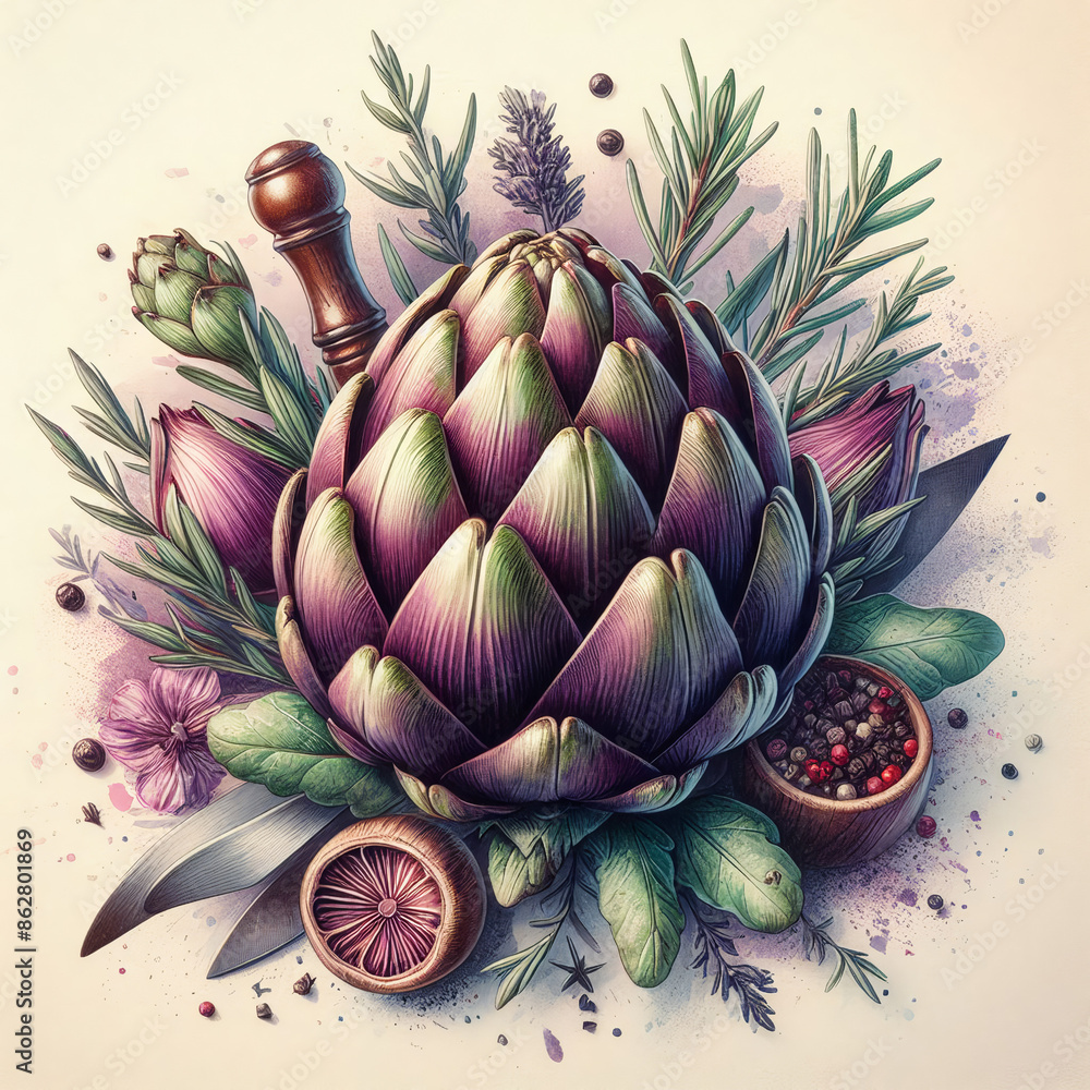 Obraz premium Artichokes with abstract watercolor background, copy space,background concept