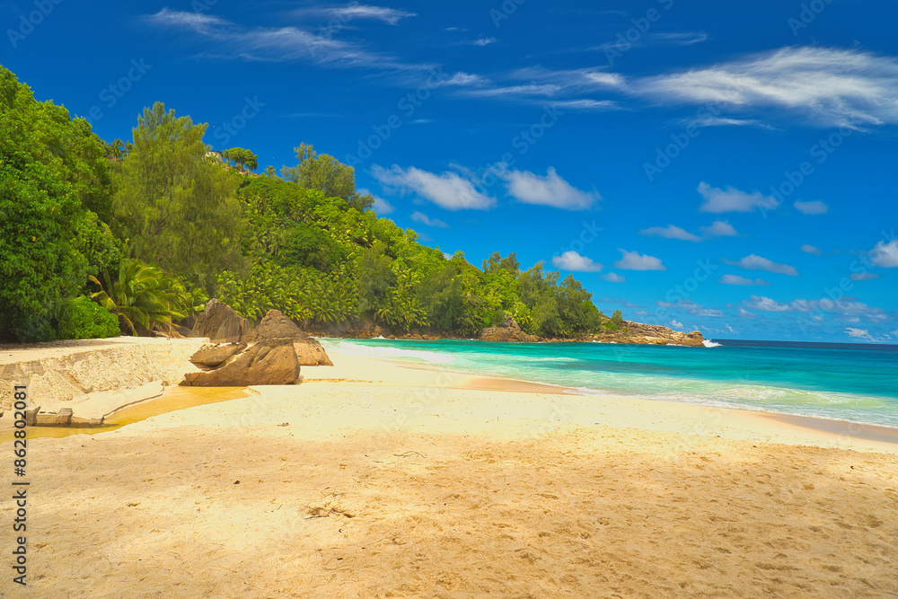 Fototapeta premium Anse Intendance beach, blue sky turquoise water, low tide with waves, sunny day, white sandy beach, Mahe, Seychelles