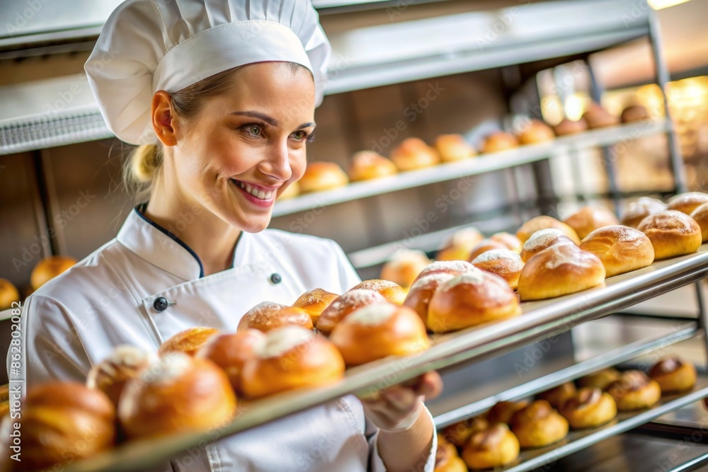 Female baker holding bread in the bakery Female baker holding bread in the bakery