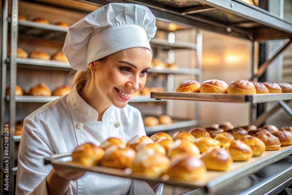 Female baker holding bread in the bakery Female baker holding bread in the bakery