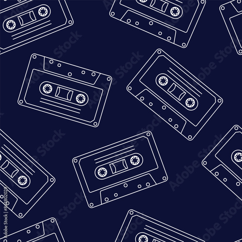 90s retro elements. Seamless pattern of cassettes with audio tapes. Aesthetics of the 90s. Line art graphics