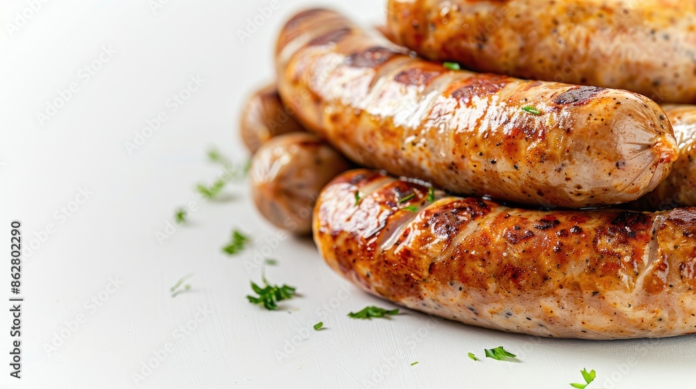 Close up of traditional raw German bockwurst on white background with space for text Close up of traditional raw German bockwurst on white background with space for text