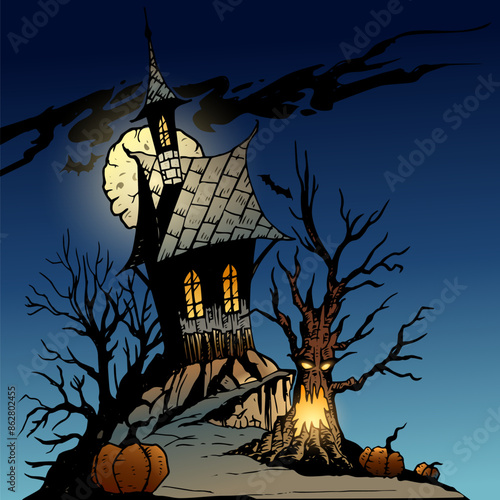 Hand drawn creepy old house on the edge of a cliff with tree and pumpkins in night landscape. Vector illustration.