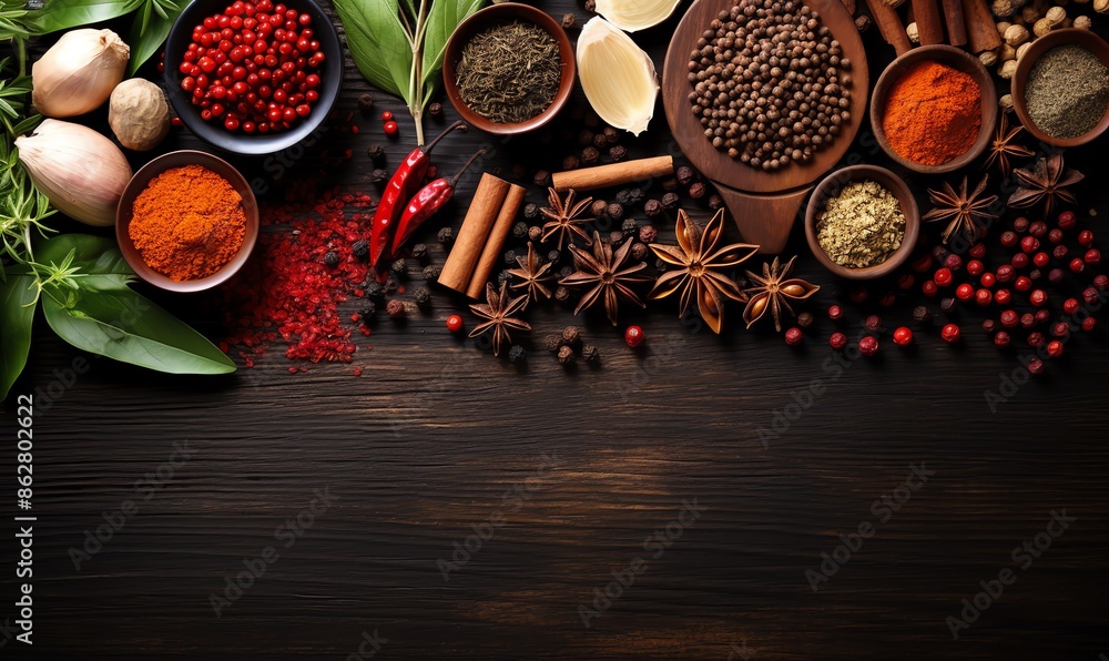Assortment of Spices and Herbs on Wooden Background Assortment of Spices and Herbs on Wooden Background
