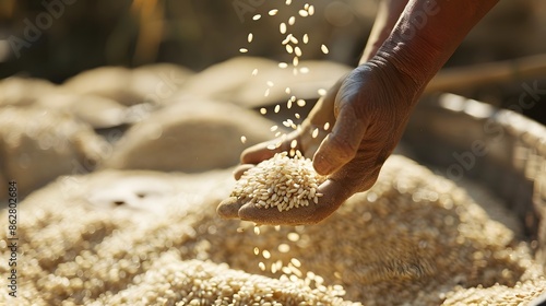 Farmer selects the impurity out off the grain jasmine rice seed by traditional hand process. Rice seeds are dried in the sun after being harvested from rice fields and milling photo