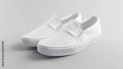 Blank white slip-on shoe design mockup, side view, 3d render, clipping path. Plain hipster slipon mock up template stand. Urban skate shoes with clear label presentation