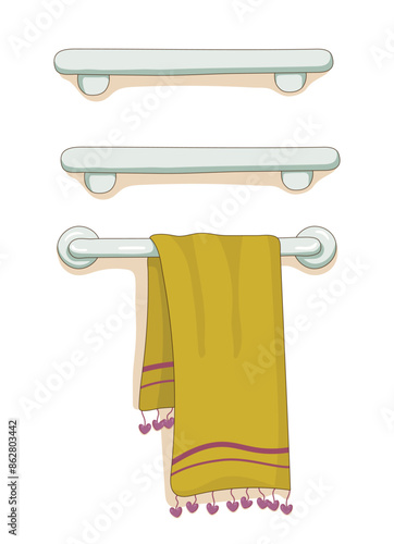 Cartoon heated towel rack with yellow color towel. Wash. Clean. Children about cleanliness. Isolated on white background. Heated towel rack in bathroom interior decoration. Vector illustration.